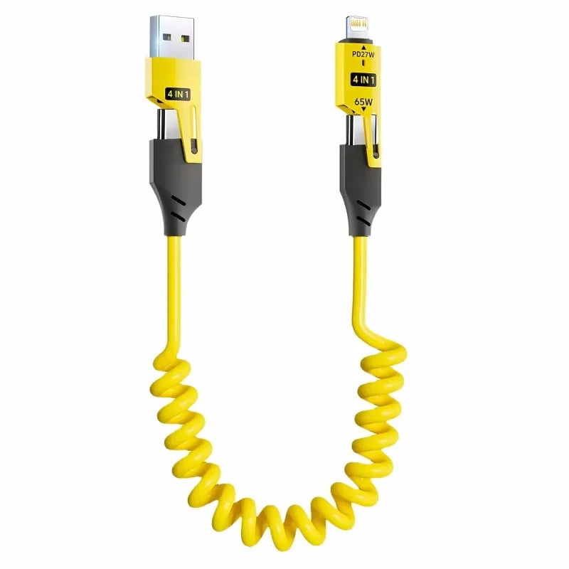 4 in 1 65W Spring Short Data Cable 6A USB Type C Spring Telescopic Quick Charger Wire Spring USB Cable for Iphone 15 14 13 12