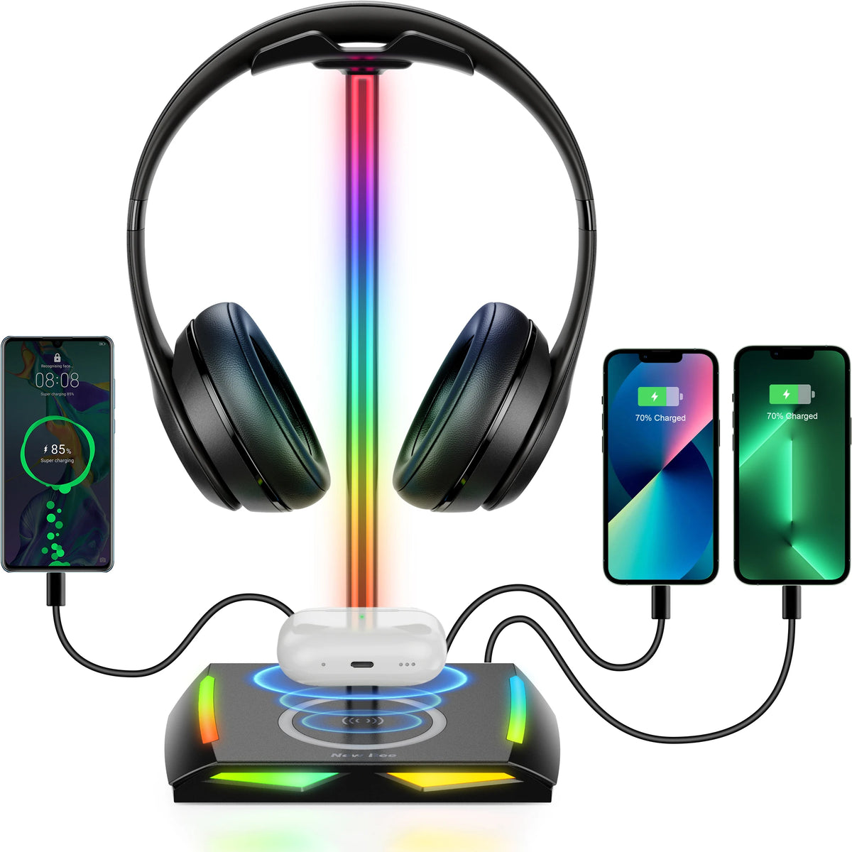 Z8 Headphones Stand RGB Gaming Holder with 2 USB Ports Desk Headset Cool Display Holder Non-Slip Rubber Base for Gamer