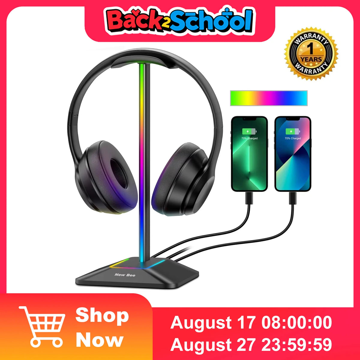 Z8 Headphones Stand RGB Gaming Holder with 2 USB Ports Desk Headset Cool Display Holder Non-Slip Rubber Base for Gamer