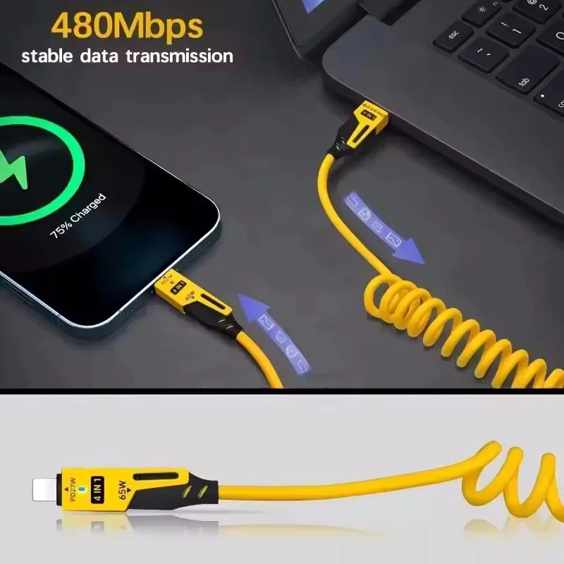 4 in 1 65W Spring Short Data Cable 6A USB Type C Spring Telescopic Quick Charger Wire Spring USB Cable for Iphone 15 14 13 12