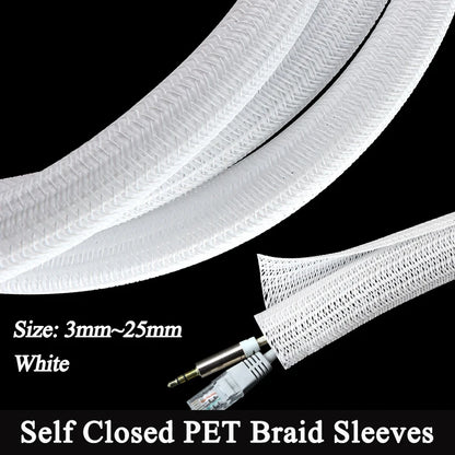 White Self-Closed Cable Sleeve PET Braid 3 5 8 10 13 16 19 25Mm High Protection Insulated Power Cord Wrap Sheath Split Sleeving