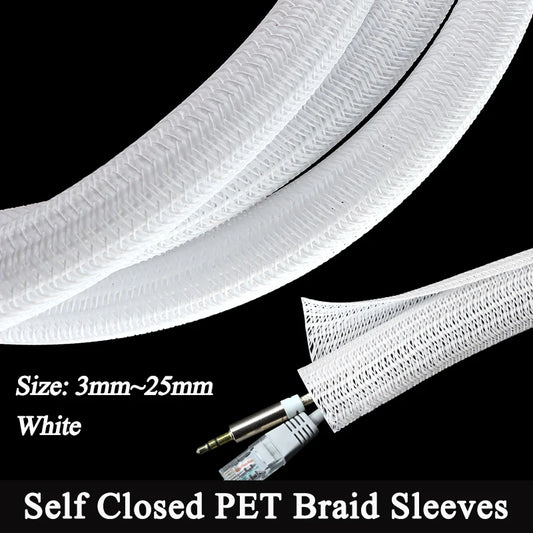 White Self-Closed Cable Sleeve PET Braid 3 5 8 10 13 16 19 25Mm High Protection Insulated Power Cord Wrap Sheath Split Sleeving