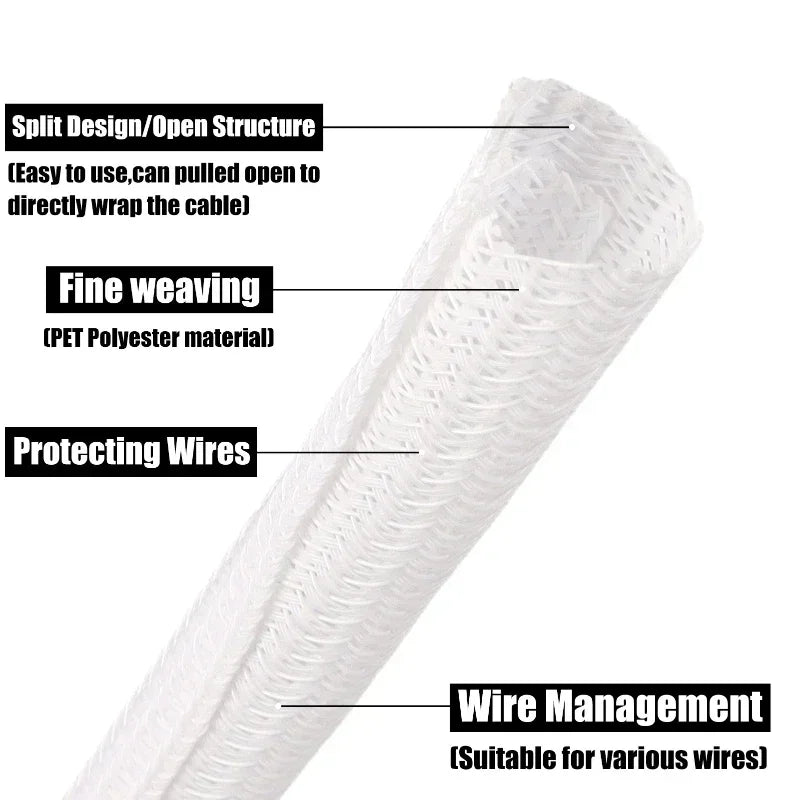 White Self-Closed Cable Sleeve PET Braid 3 5 8 10 13 16 19 25Mm High Protection Insulated Power Cord Wrap Sheath Split Sleeving