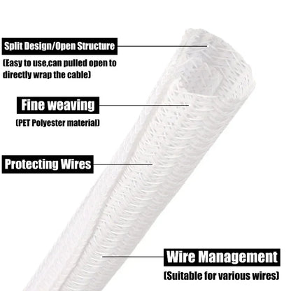 White Self-Closed Cable Sleeve PET Braid 3 5 8 10 13 16 19 25Mm High Protection Insulated Power Cord Wrap Sheath Split Sleeving