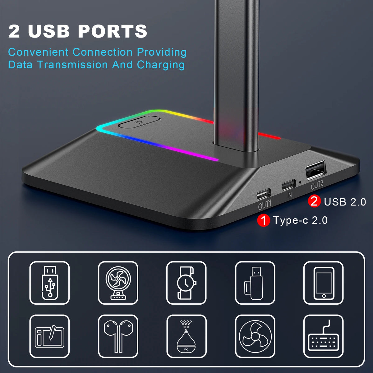 Z8 Headphones Stand RGB Gaming Holder with 2 USB Ports Desk Headset Cool Display Holder Non-Slip Rubber Base for Gamer