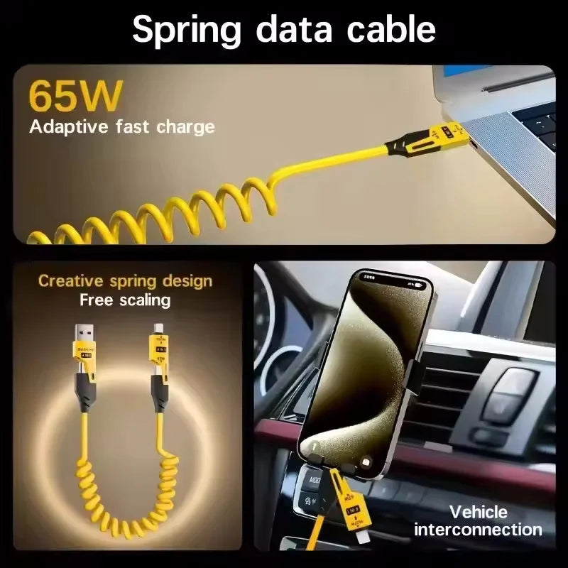 4 in 1 65W Spring Short Data Cable 6A USB Type C Spring Telescopic Quick Charger Wire Spring USB Cable for Iphone 15 14 13 12